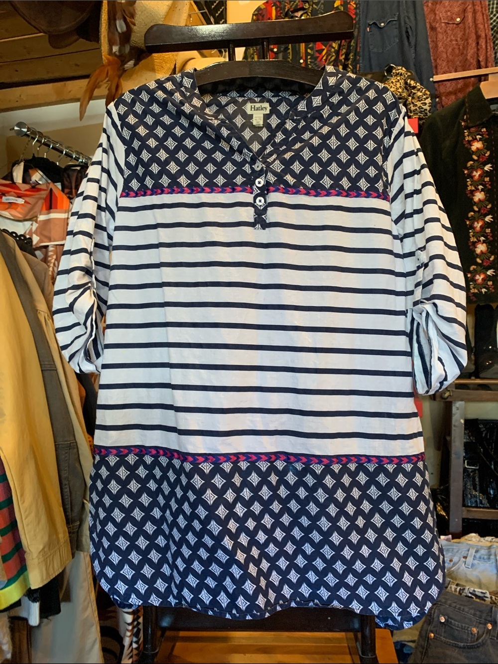 Hatley Navy & White Striped Tunic with Geo Yoke and Hem